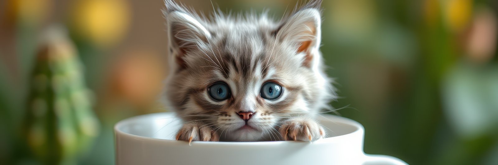 Curious kitten peeks out from a large white mug surrounded by greenery indoors